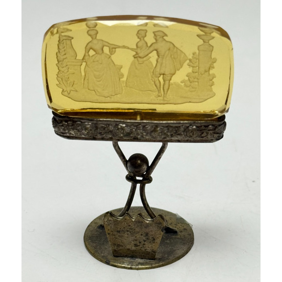 Antique Austria Intaglio Yellow Amber Glass & Metal Card Place Holder Courting - Picture 1 of 6